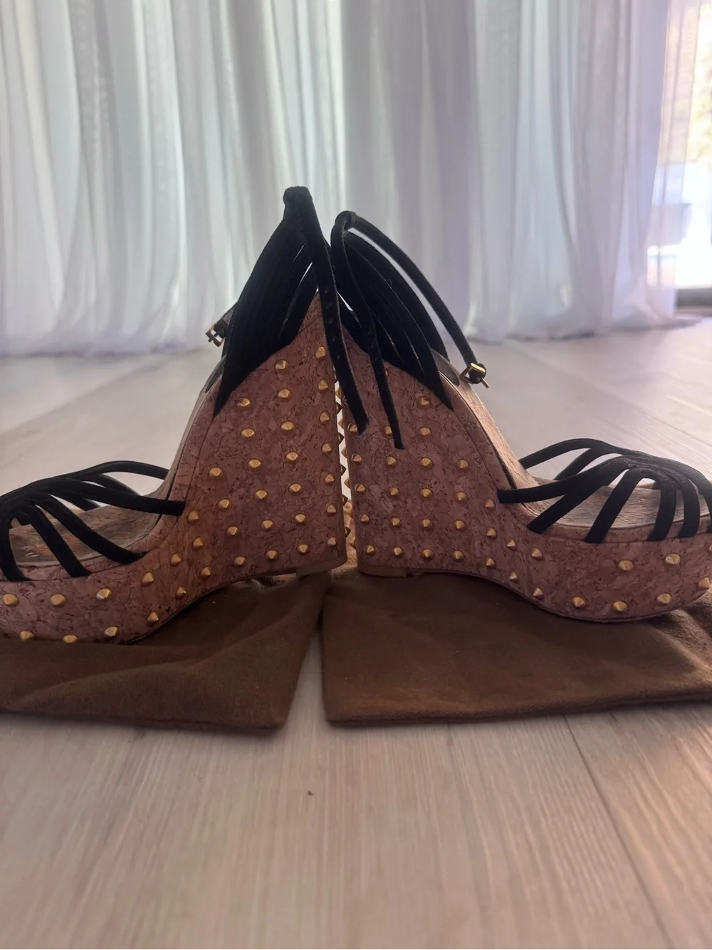 Gucci Black Strappy Cork Platform Wedges with Gold Studs